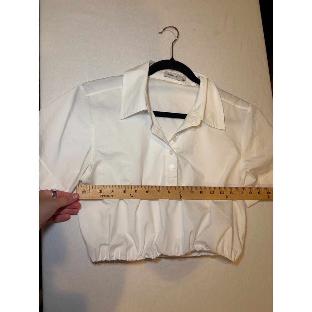 SIMKHAI White Cotton Blend Short Sleeve Elastic Hem Crop Polo Blouse Top Size M - Picture 8 of 8
